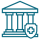 Teal line icon of a bank building with a medical shield in the foreground, representing a combined package of competitive compensation and comprehensive benefits.