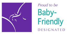 Baby-Friendly designation award logo featuring a purple square background with a black silhouette of a baby and text reading 'Proud to be Baby-Friendly Designated,' representing official Baby-Friendly accreditation status.