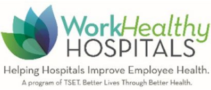 Logo for 'Working Healthy Hospitals' program by TSET (Tobacco Settlement Endowment Trust) in green and blue colors, featuring text 'Helping Hospitals Improve Employee Health' and 'Better Lives Through Better Health Award'