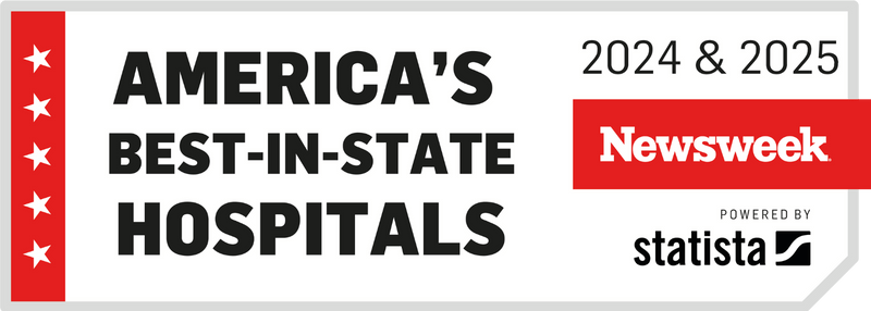 A header banner for 'America's Best-In-State Hospitals 2024' by Newsweek, powered by Statista. The design includes red stars on the left side and features a white and red color scheme with black text.