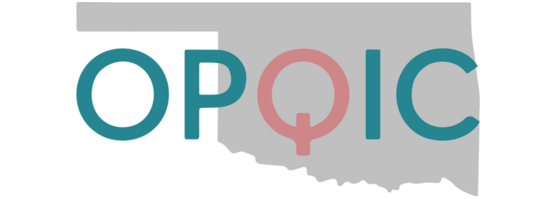 The letters OPQIC representing the oklahoma perinatal quality improvement collaborative laying over a shadow of the state of oklahoma